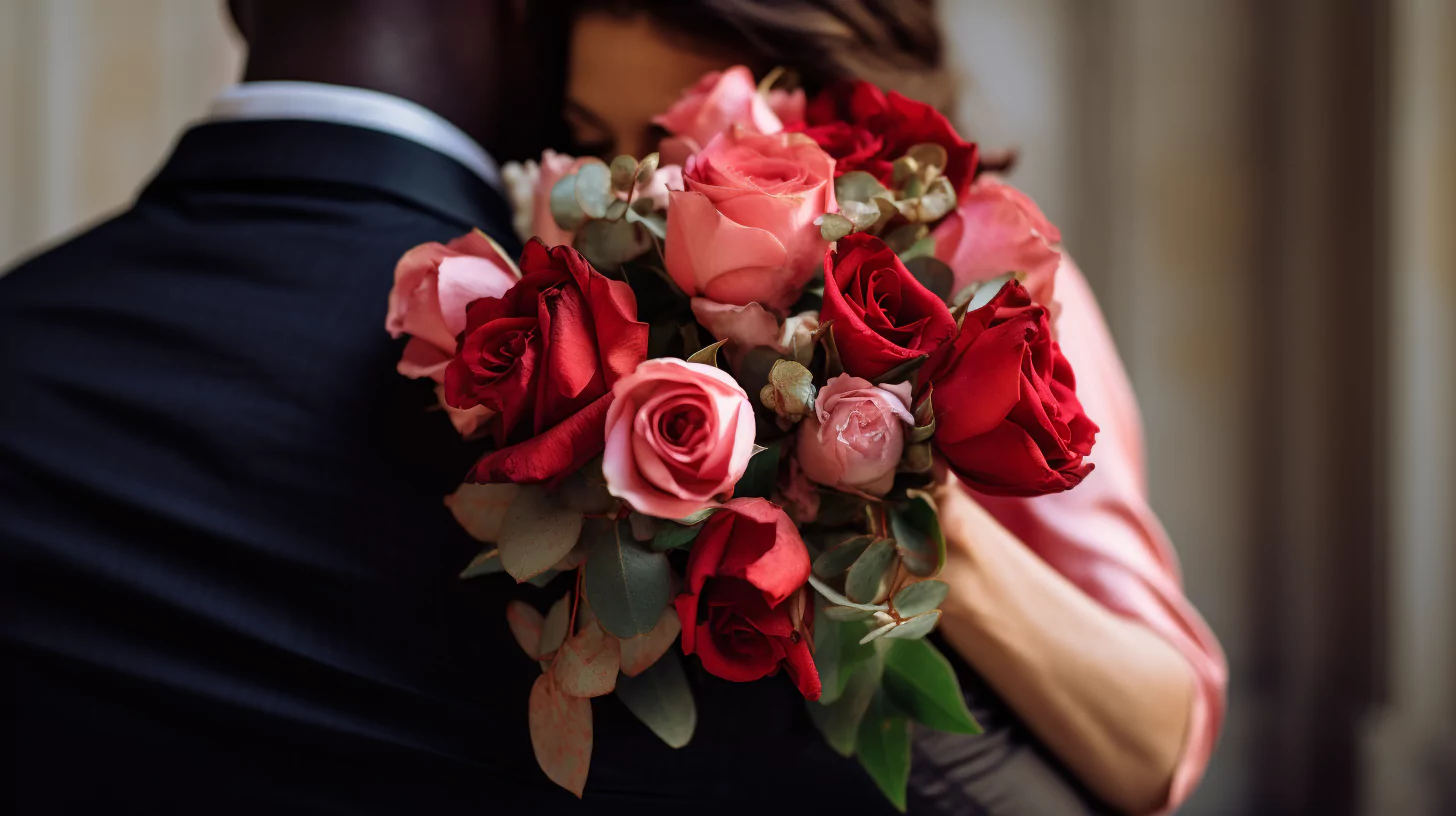 Couple hugging with red roses as a sign of their love language