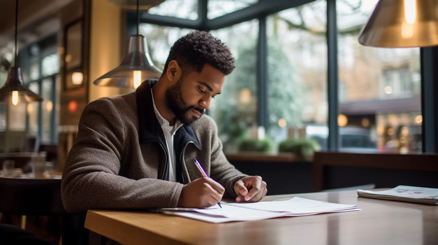 Man journaling at a cafe