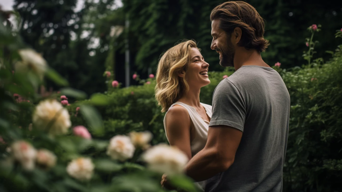 A couple hugging in a garden for Valentine's Day