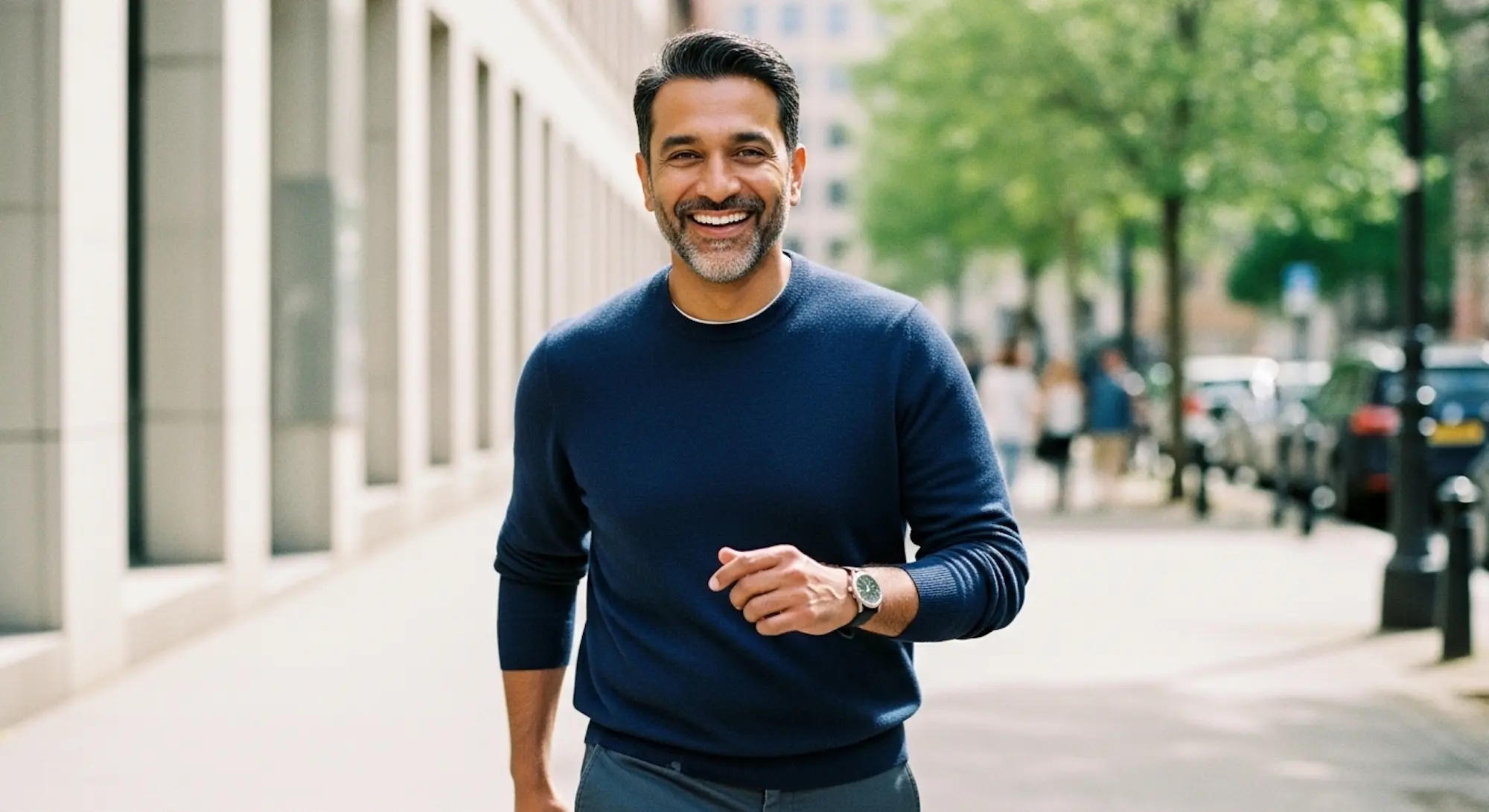 A happy man walking on the sidewalk