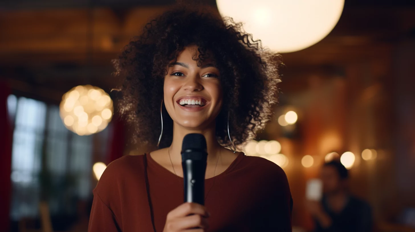 Young woman gaining confidence in public speaking.