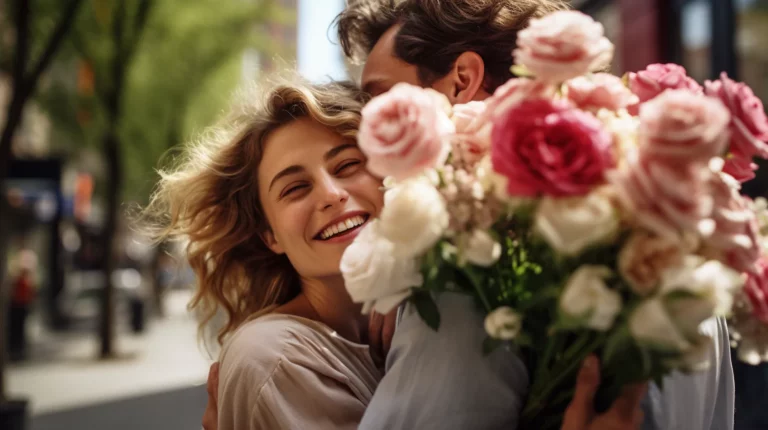 A woman holding a bouquet of roses while hugging a man