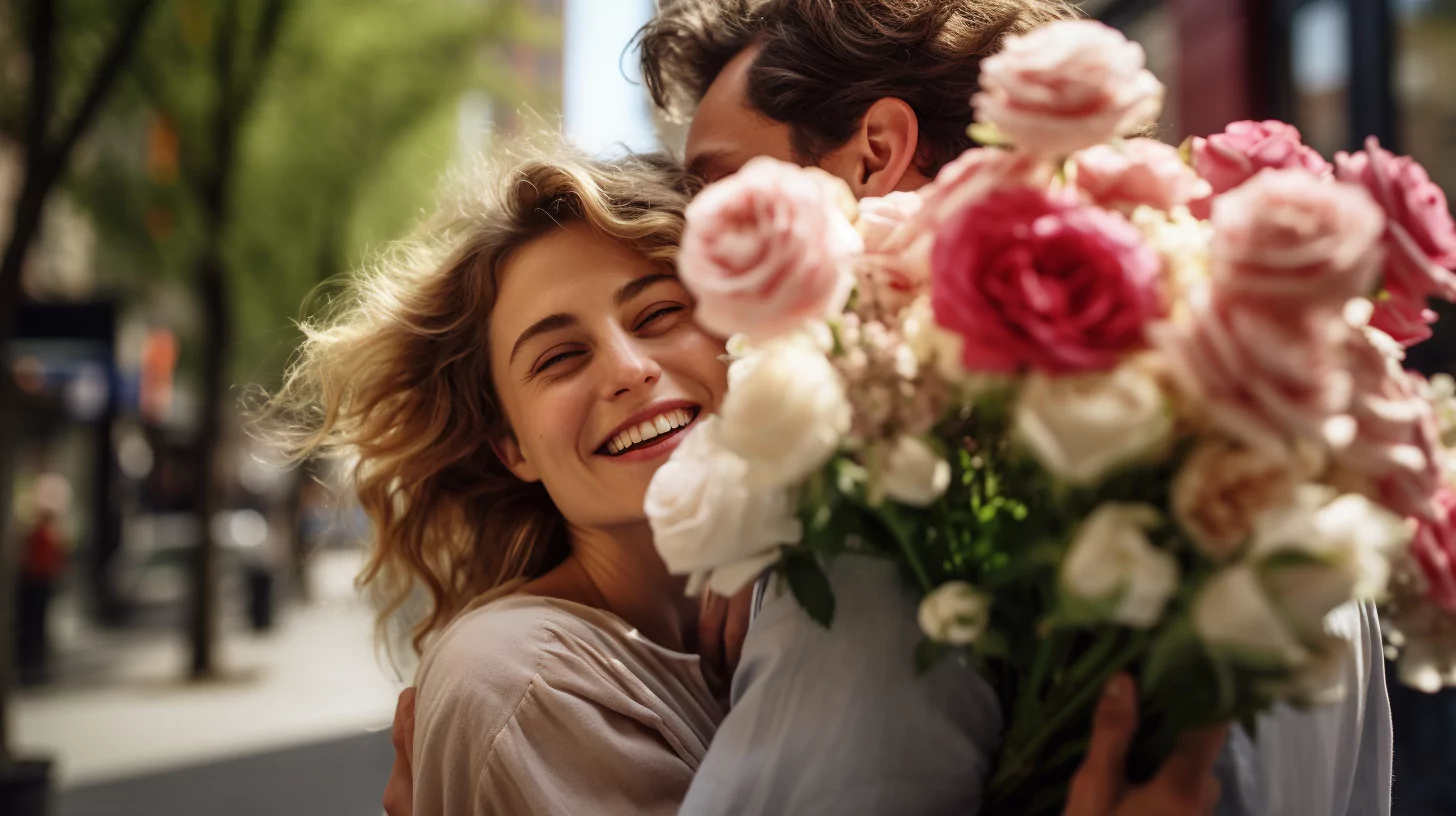 A woman holding a bouquet of roses while hugging a man