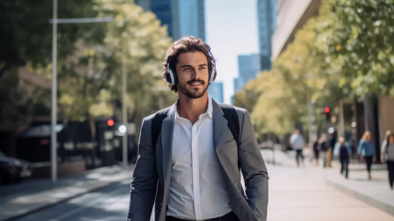 man listening to podcast while walking to work