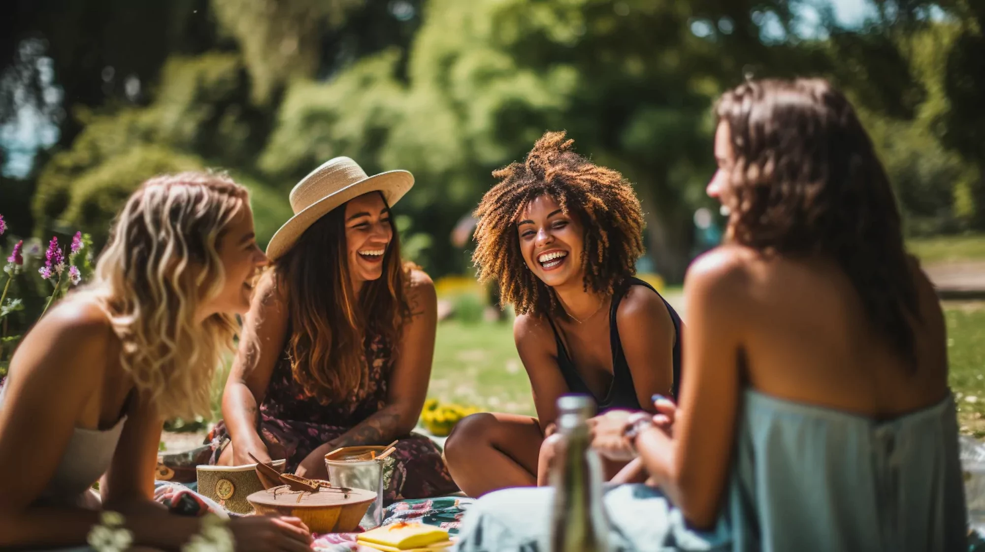 A group of friends with positive and negative energy having a picnic outdoors