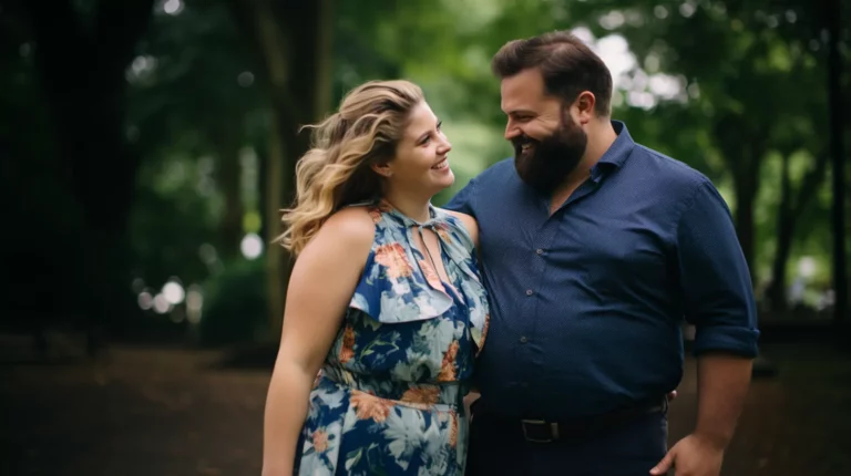 An endomorph couple walking through a park