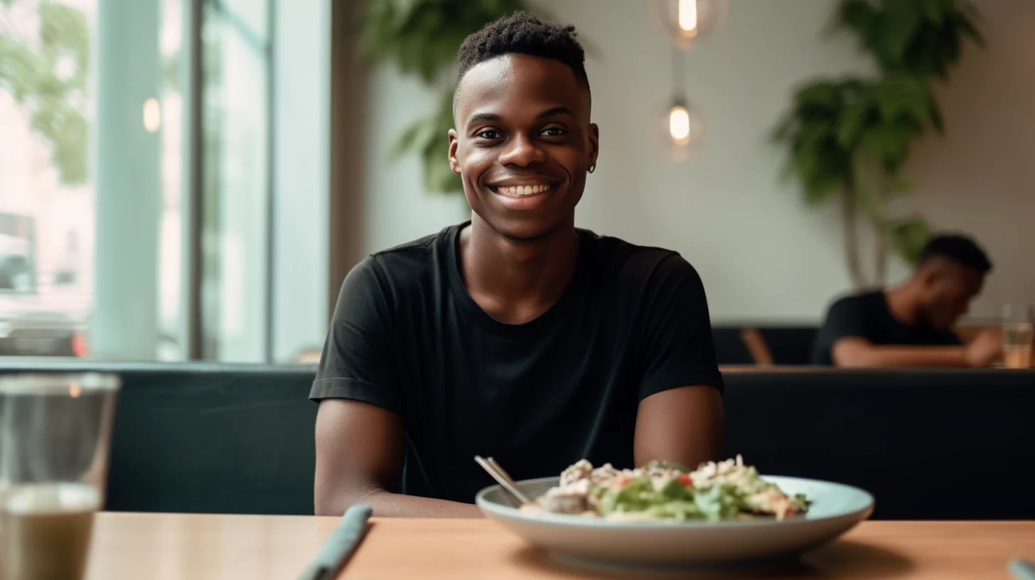 A young man sitting at a restaurant with healthy food on the table