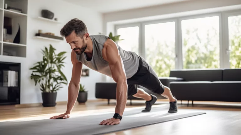 Man doing push-ups in a living room