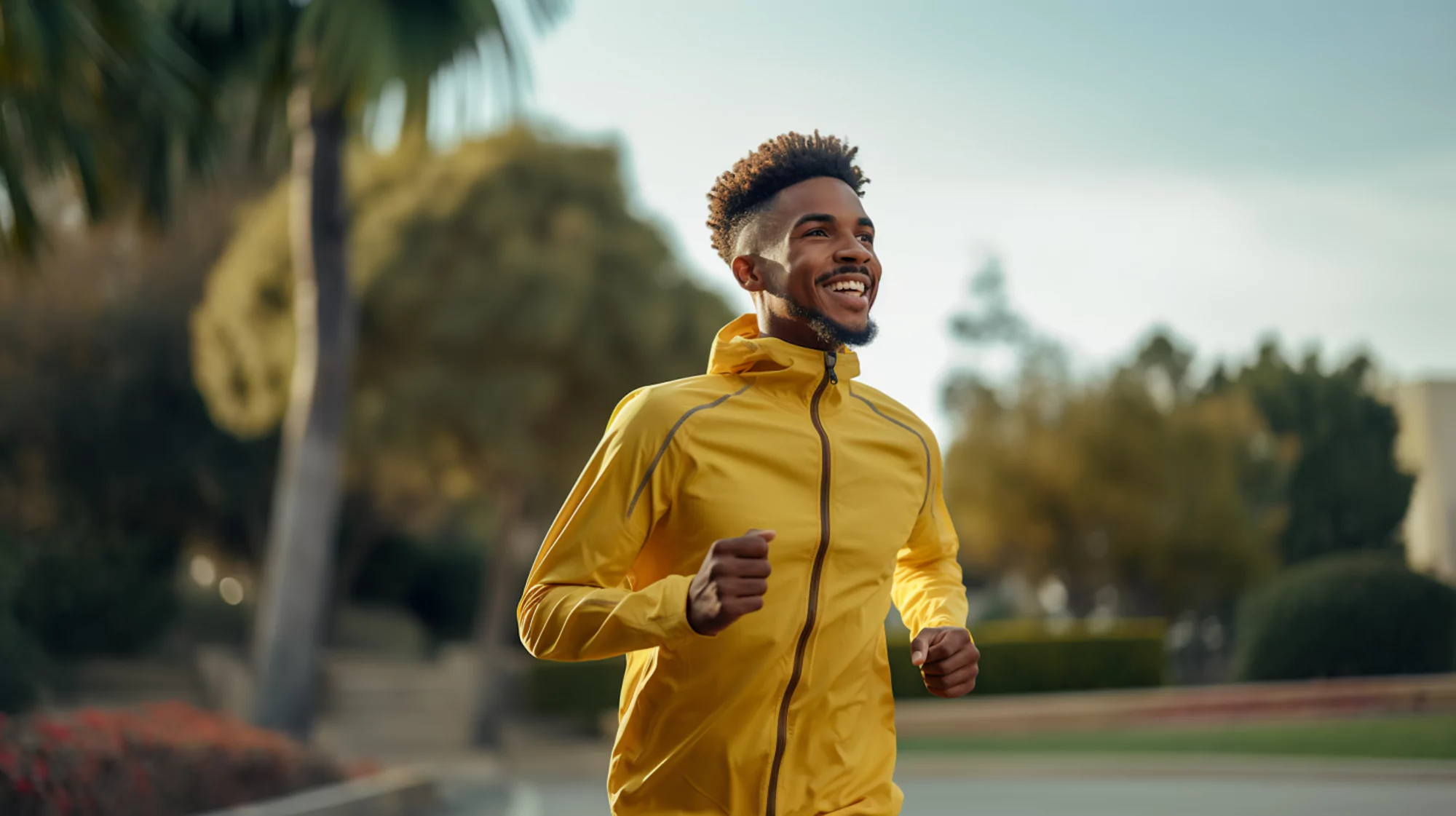 A man with an ectomorph body type running outdoors