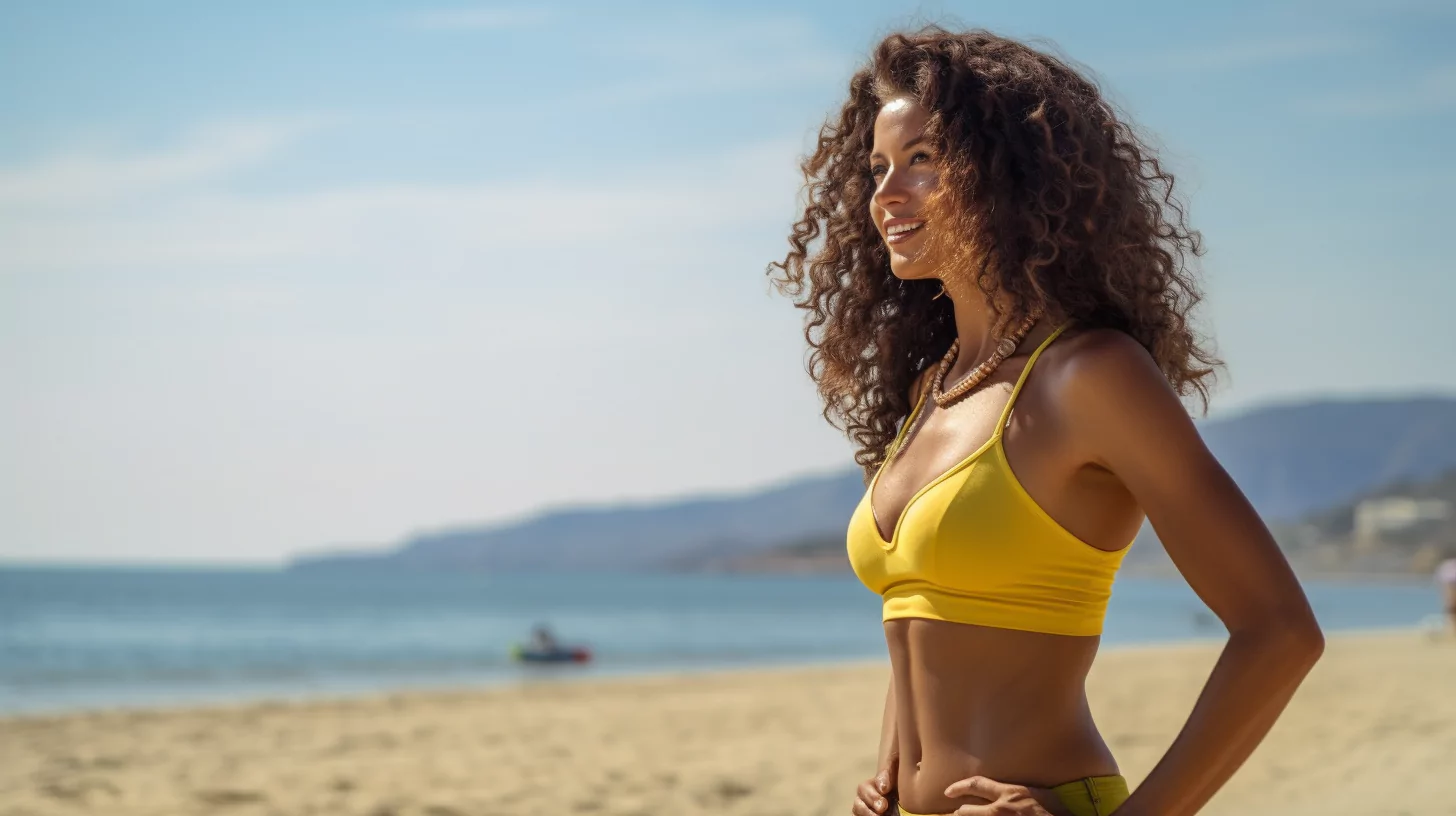 A woman with an ectomorph body type standing on the beach