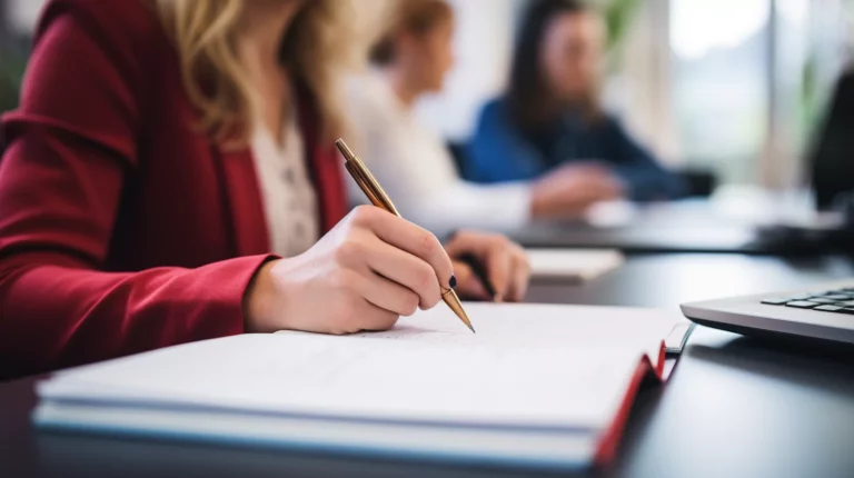 A woman taking notes in a notebook