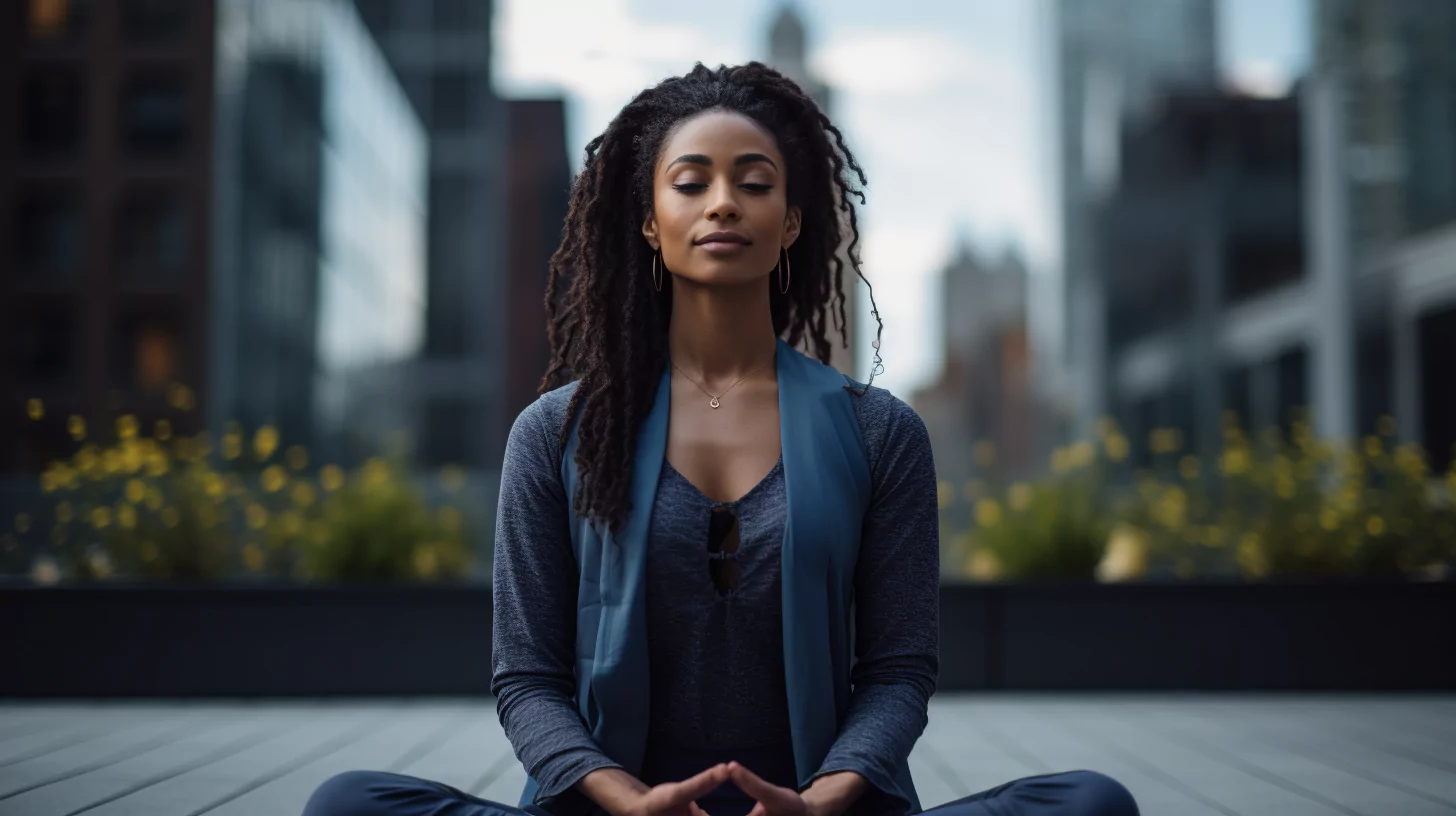 A woman practicing mantra meditation outdoors