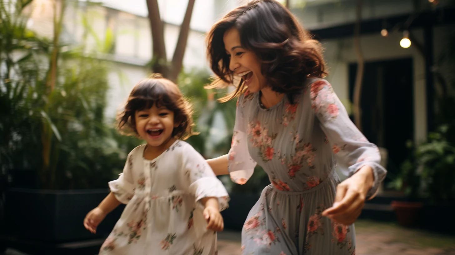 A woman playing with her stepdaughter in a garden