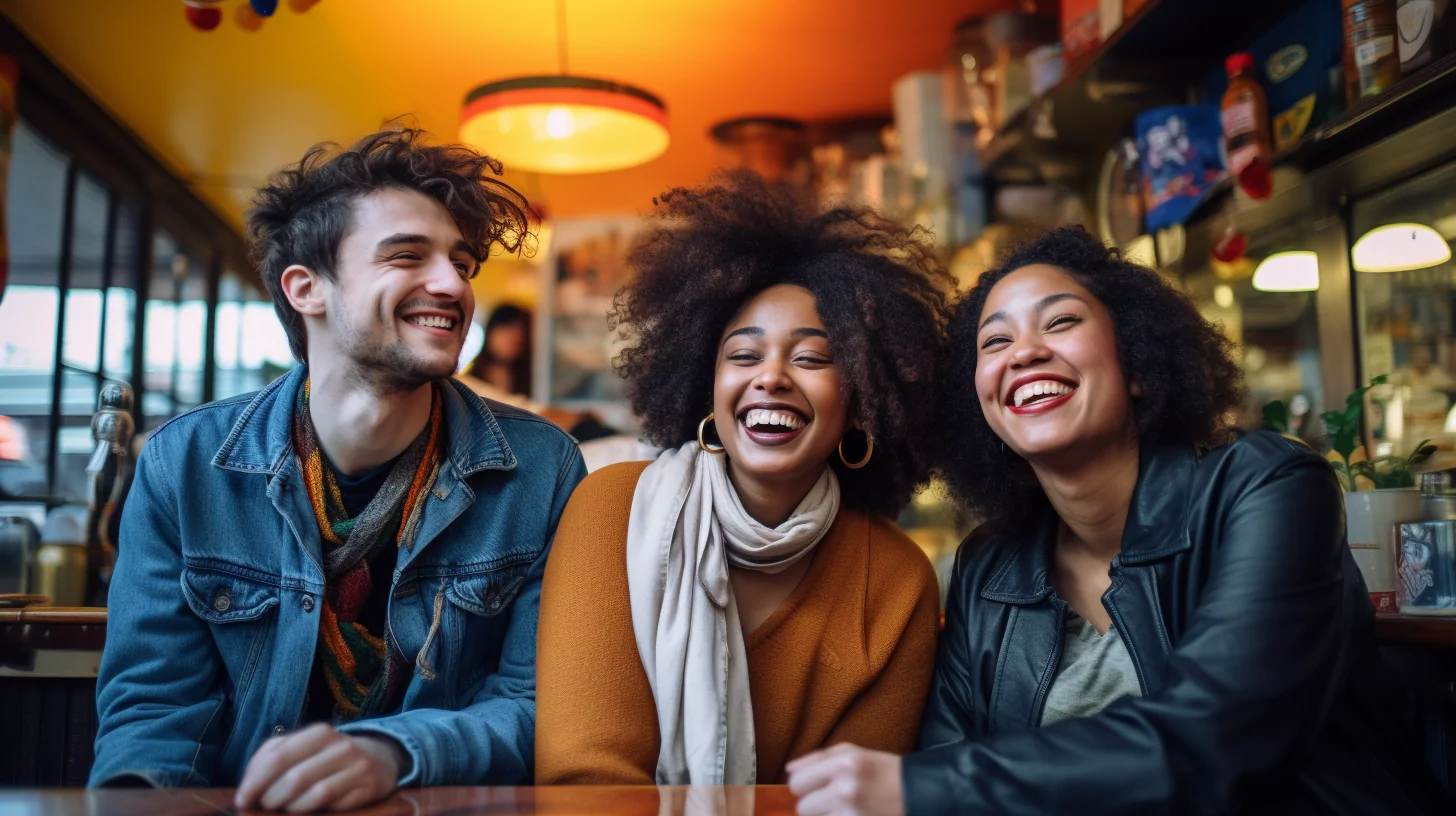 Friends with different somatotypes in a cafe