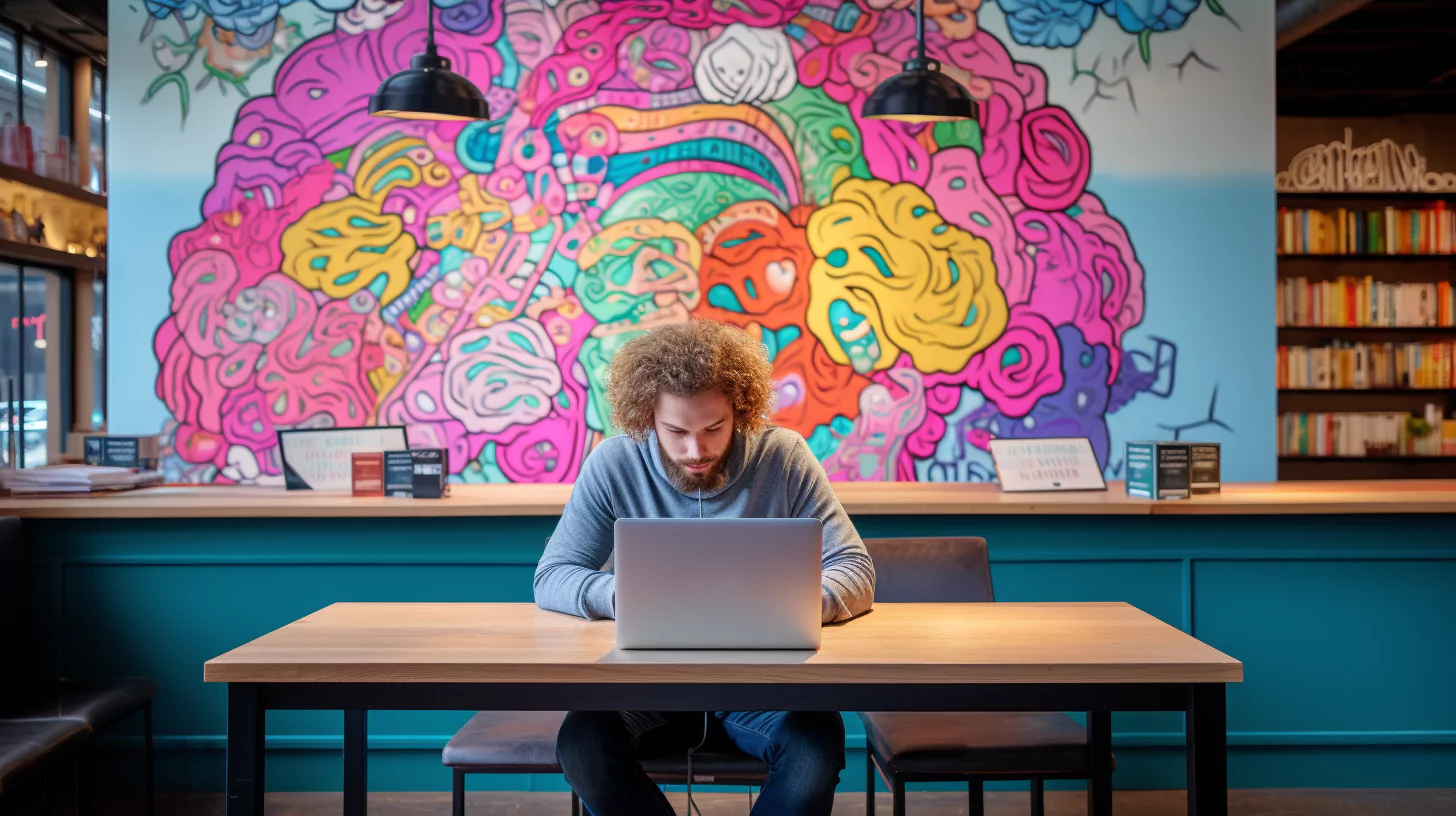 A man working in front of a pop art mural of the cerebral hemisphere of the brain