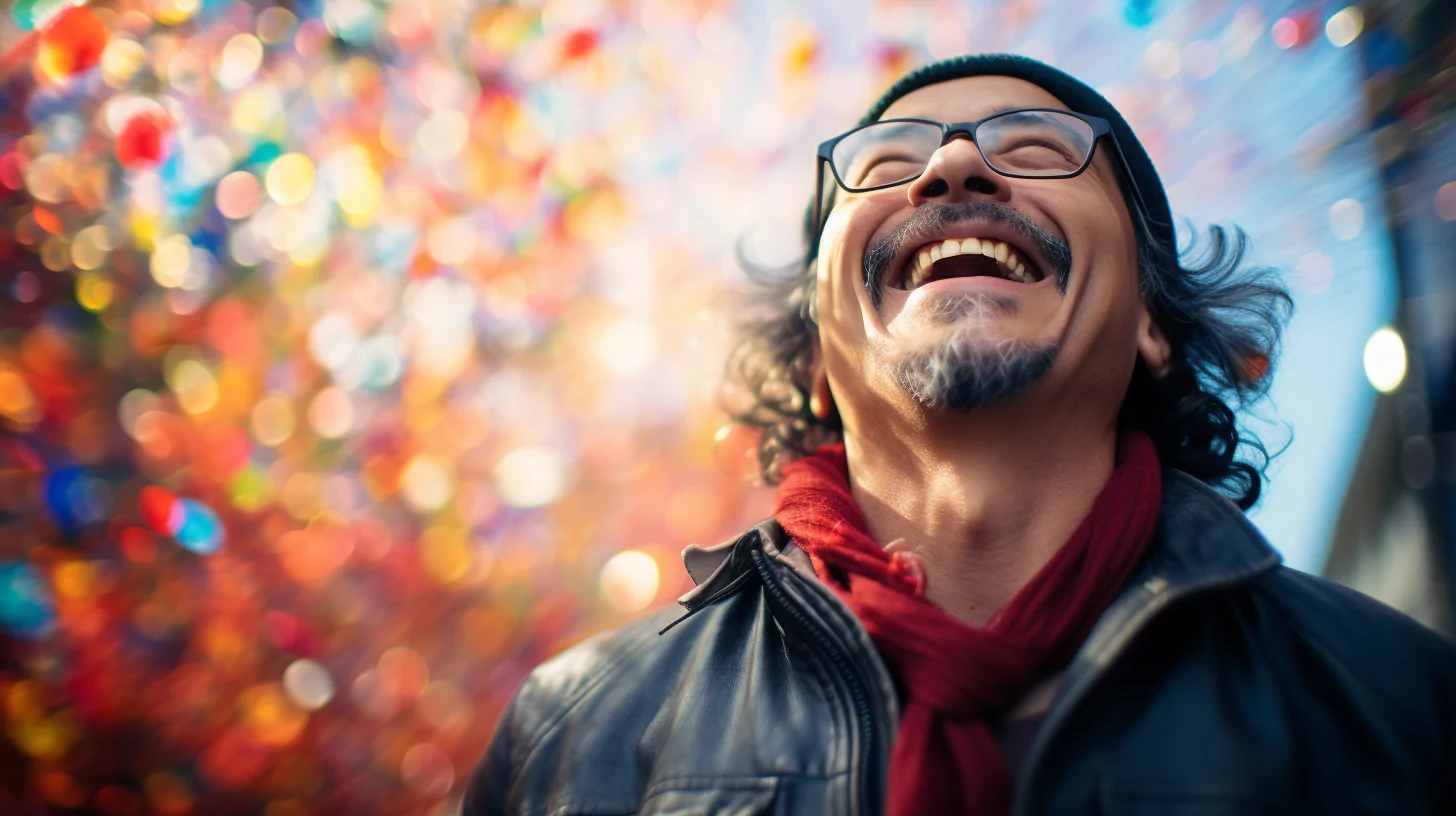 A happy man in a creative visualization process and looking up at a colorful sky