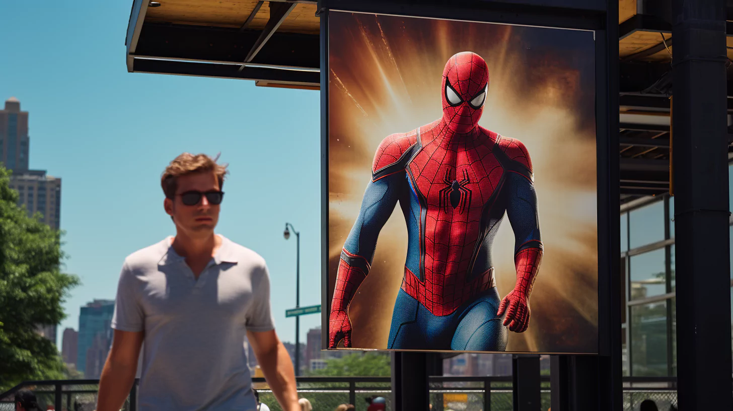 A man walking past a Spider-Man poster