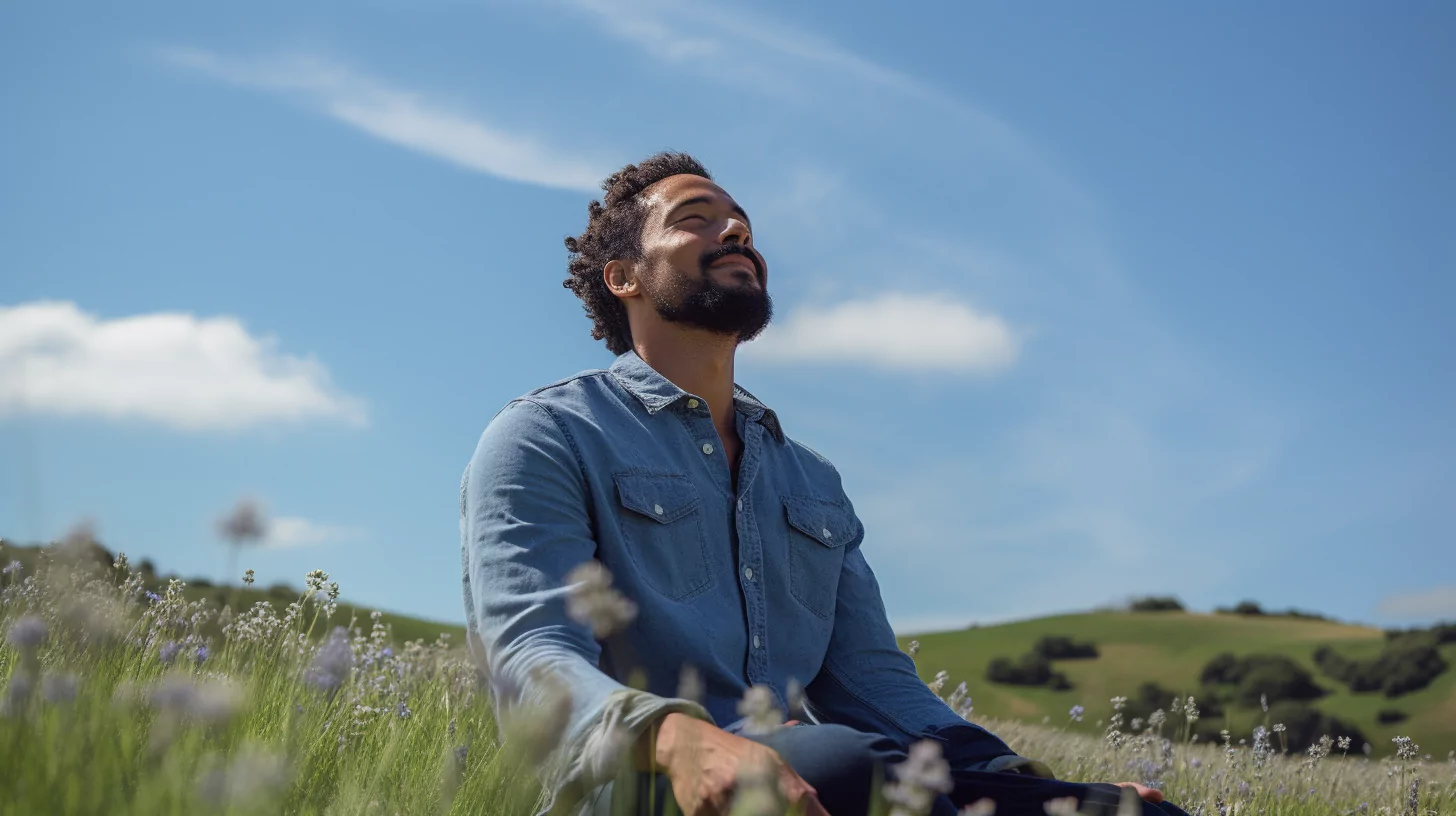 A man looking toward the sky and breathing