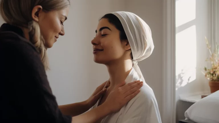 A healing touch practitioner placing her hands on a client