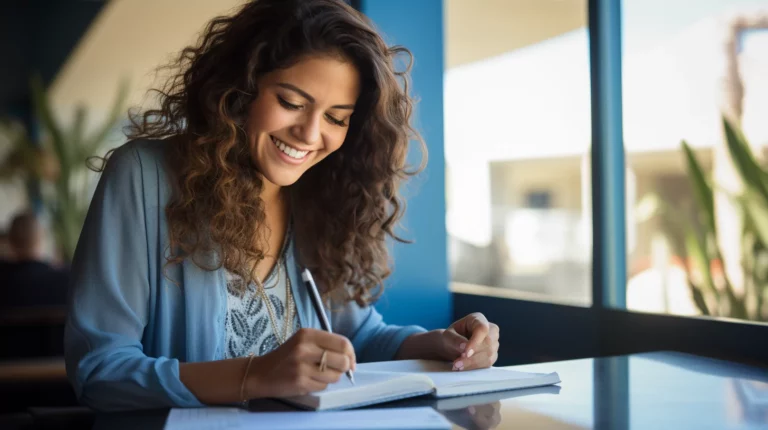 A woman using intrapersonal intelligence to write in her notebook