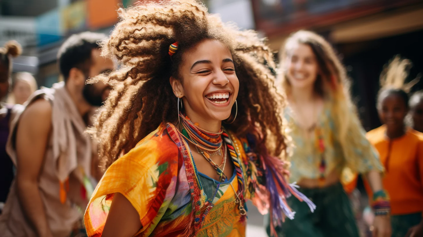 A happy woman dancing on the street