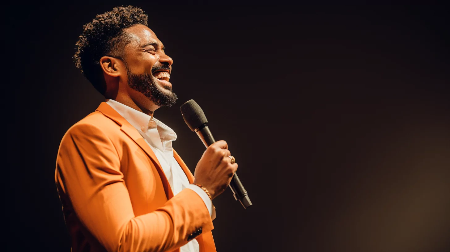 A man holding a mic and speaking on stage