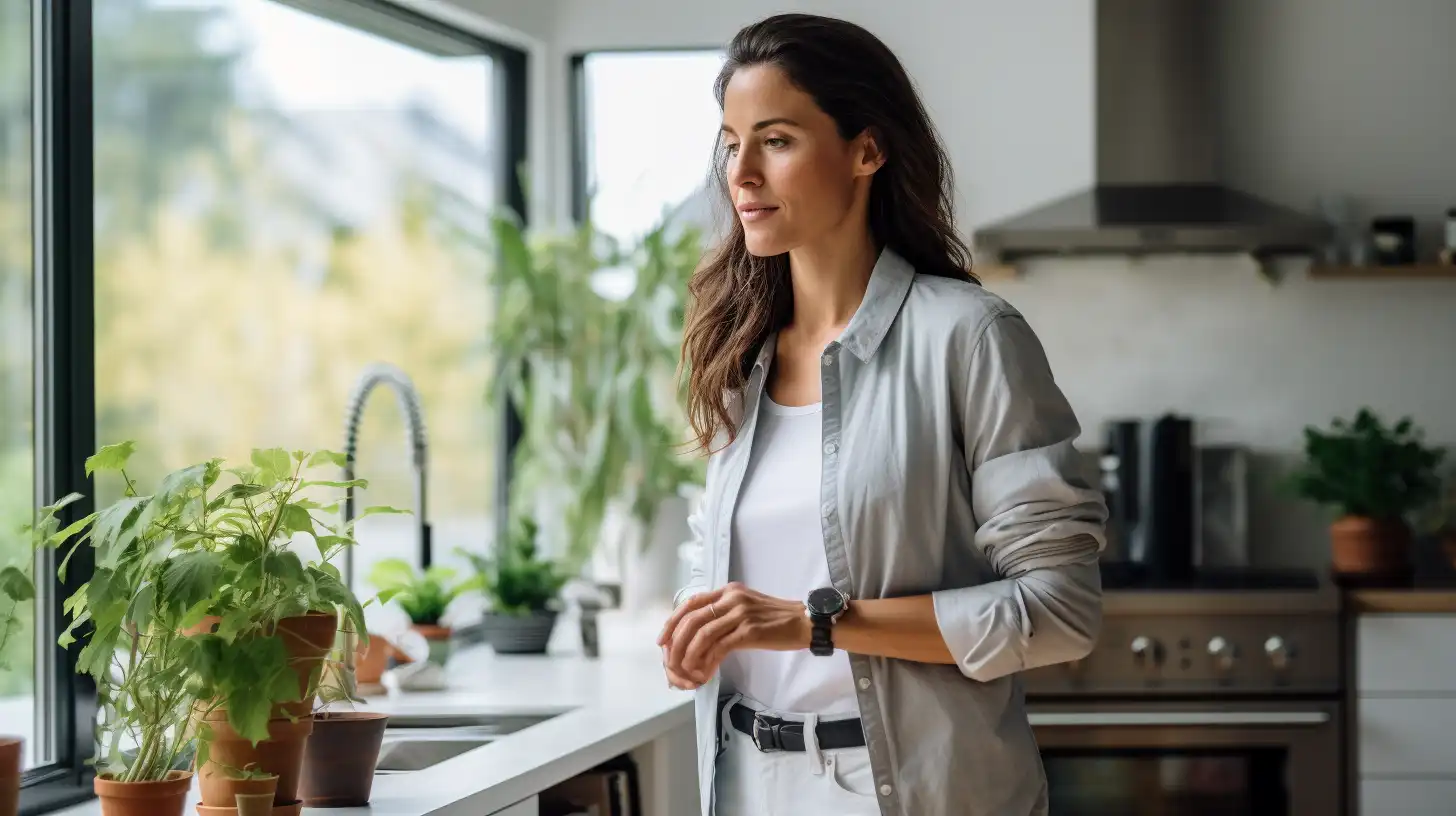 A woman with the thousand-yard stare in her kitchen