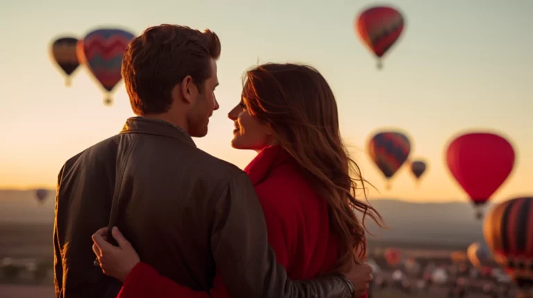 A couple looking at each other at a hot air balloon event