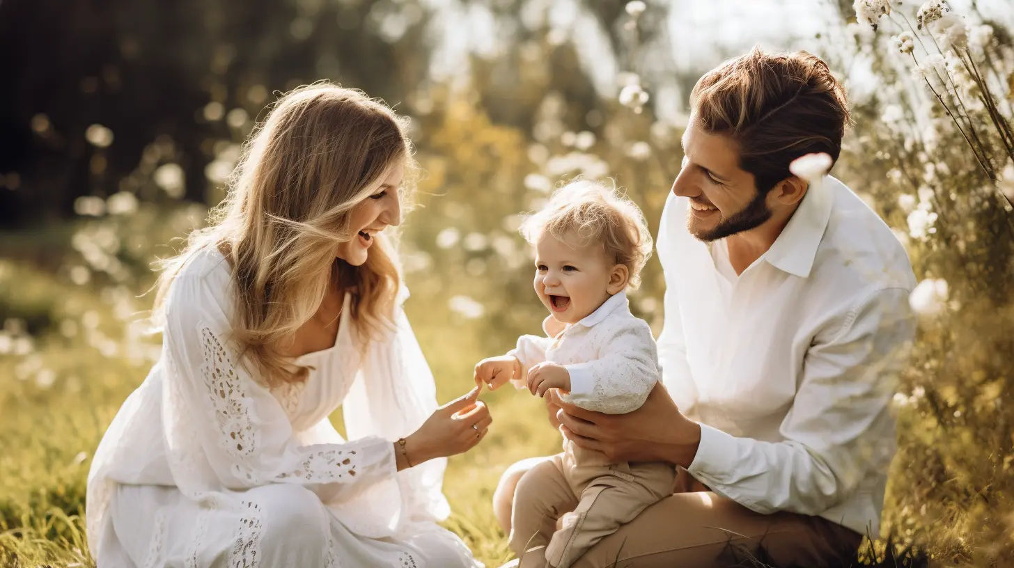 A mother and father playing with their child