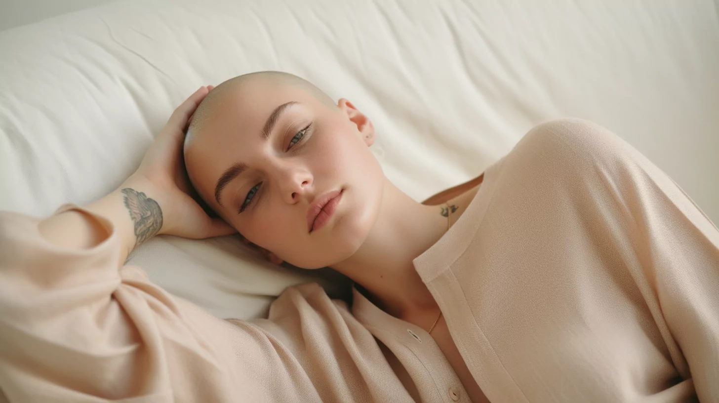 A bald woman with cancer lying down