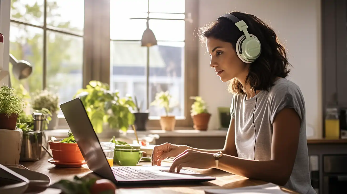 A woman taking online nutrition courses on her laptop