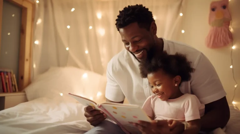 A father reading a book to his daughter as part of the bedtime routine for kids