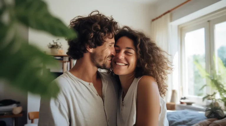 A couple hugging in their bedroom that follows the feng shui bedroom layout