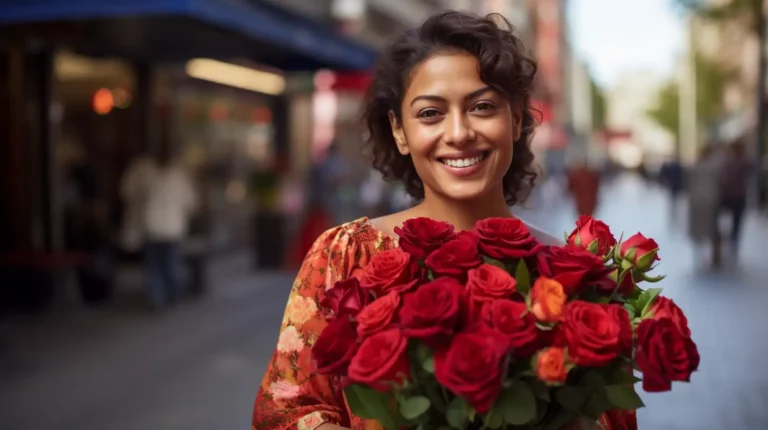 A woman holding a bouquet of roses