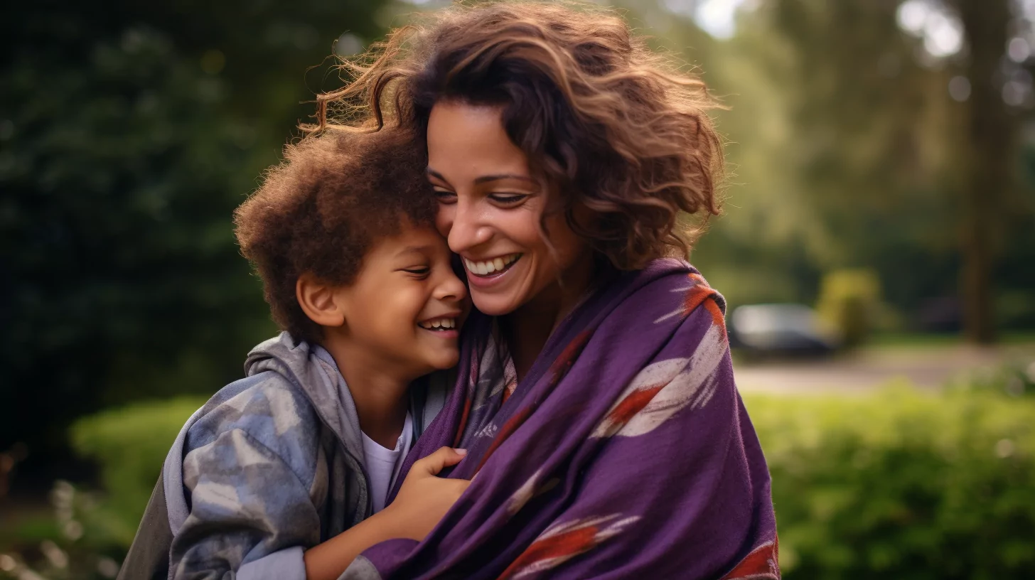 A mother hugging her son in a park