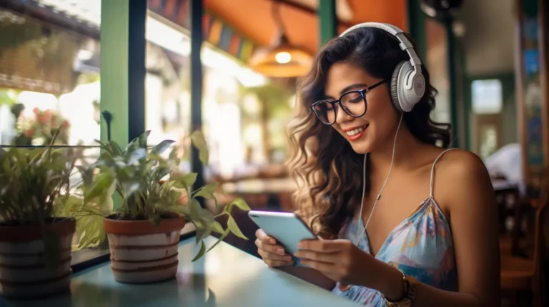 A woman with headphones on and looking at her tablet