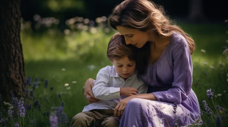 A mother with mom guilt consoling her son in a park