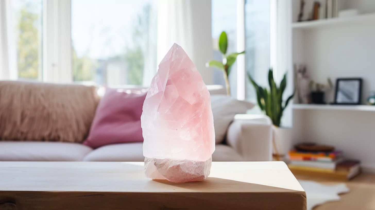 A piece of rose quartz on a table in a living room