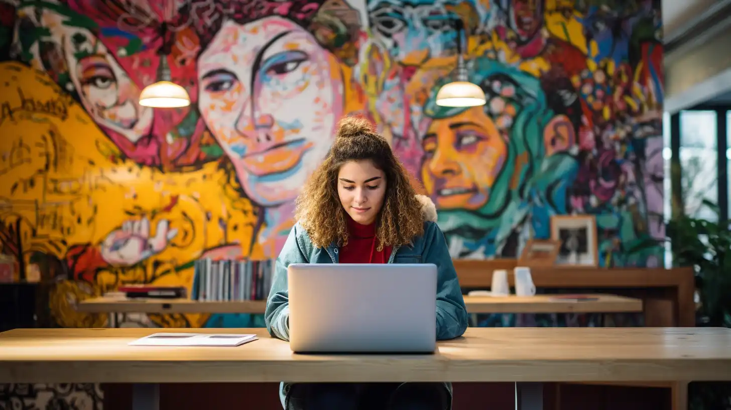 A woman working on her laptop in a cafe