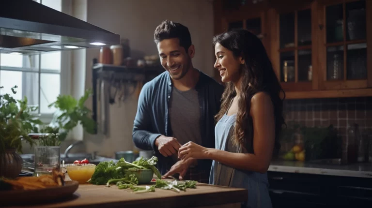 A couple cooking in the kitchen with superfoods