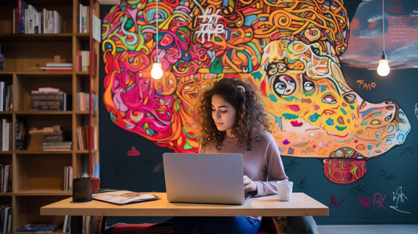 A woman working on her laptop in a cozy cafe