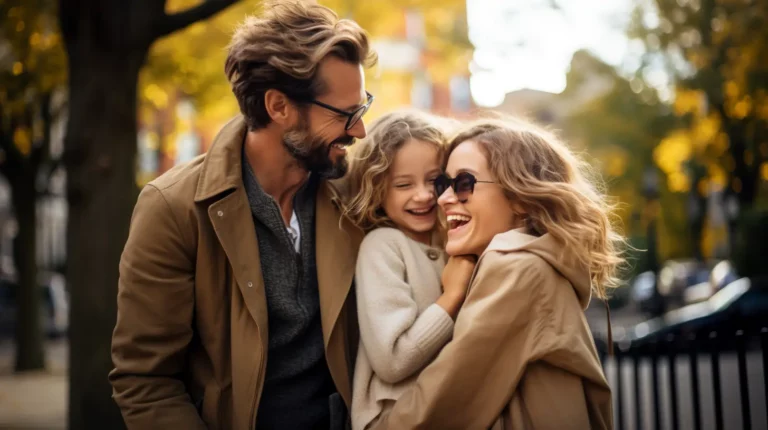 A mother and father hugging and co-parenting their daughter