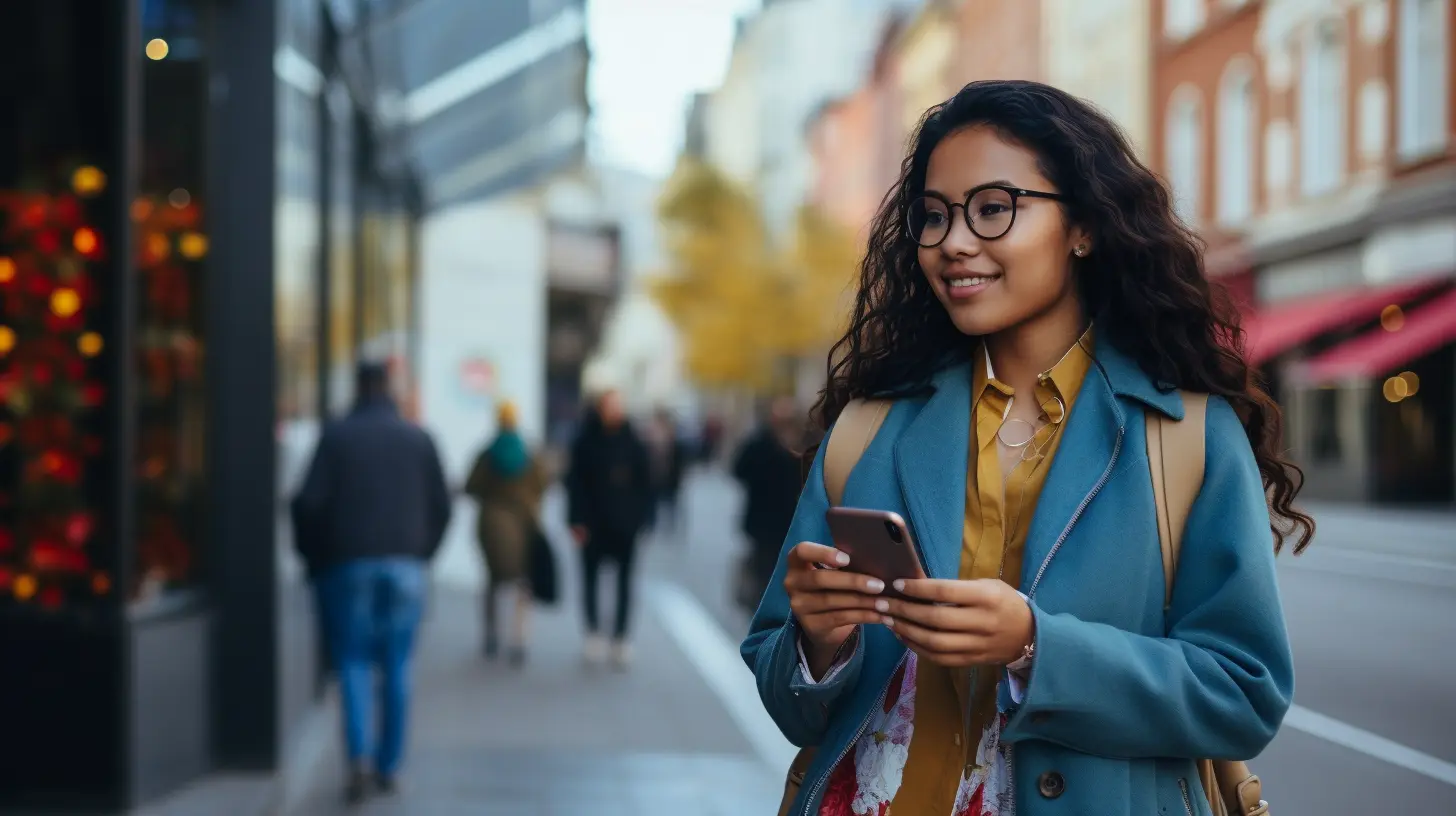 A woman holding a phone while window shopping