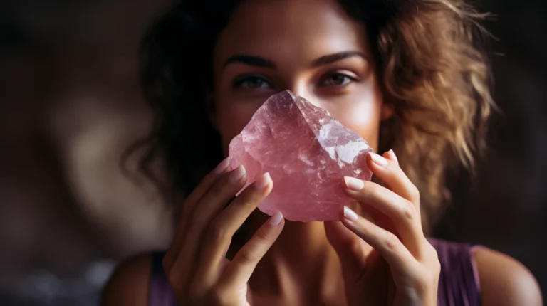 A woman holding a piece of rose quartz