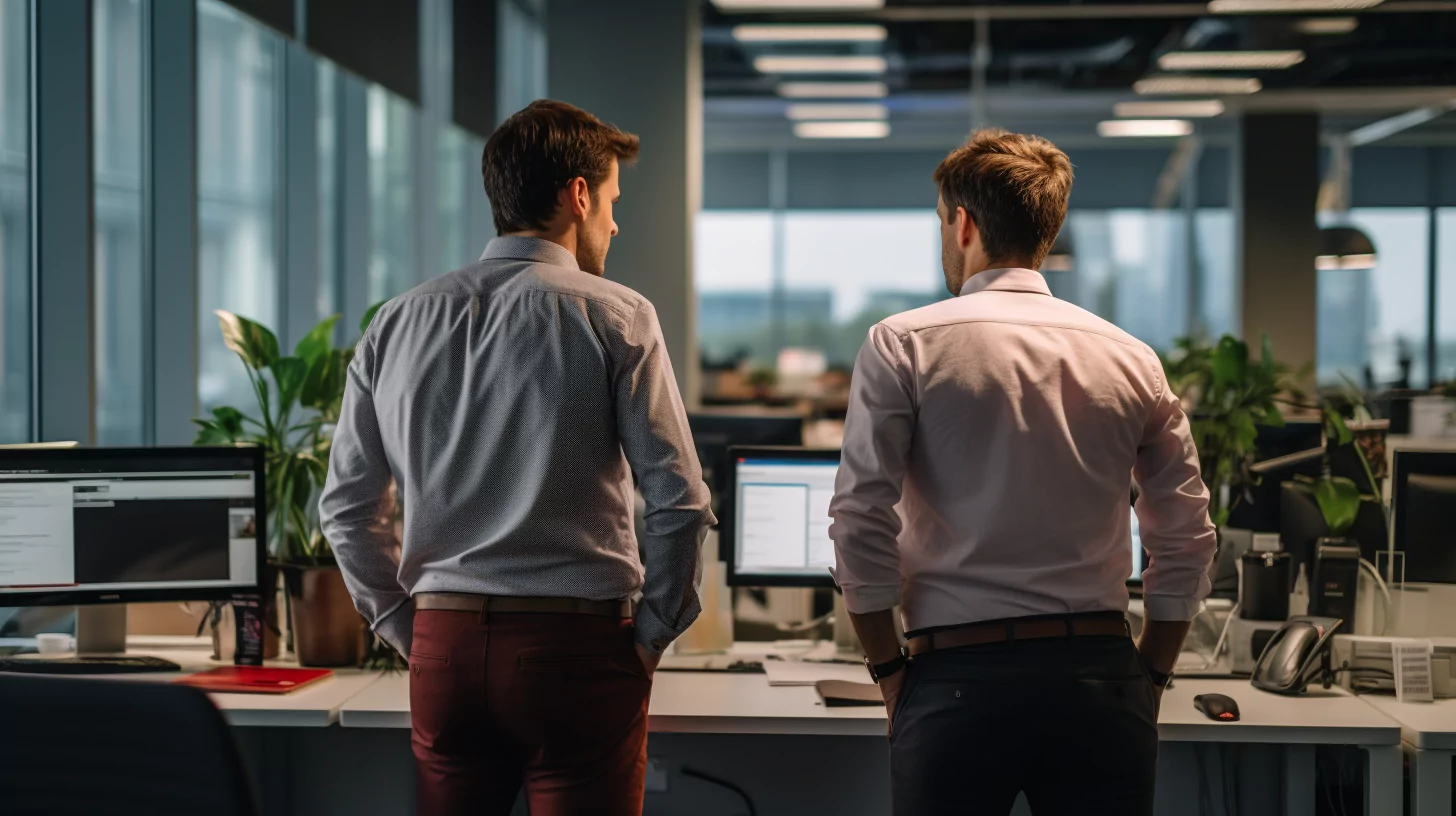 Colleagues with their hands in their pockets dealing with weaponized incompetence in an office