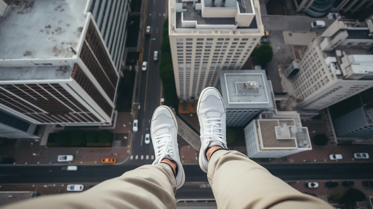 A person sitting at the edge of a tall building and learning how to overcome fear