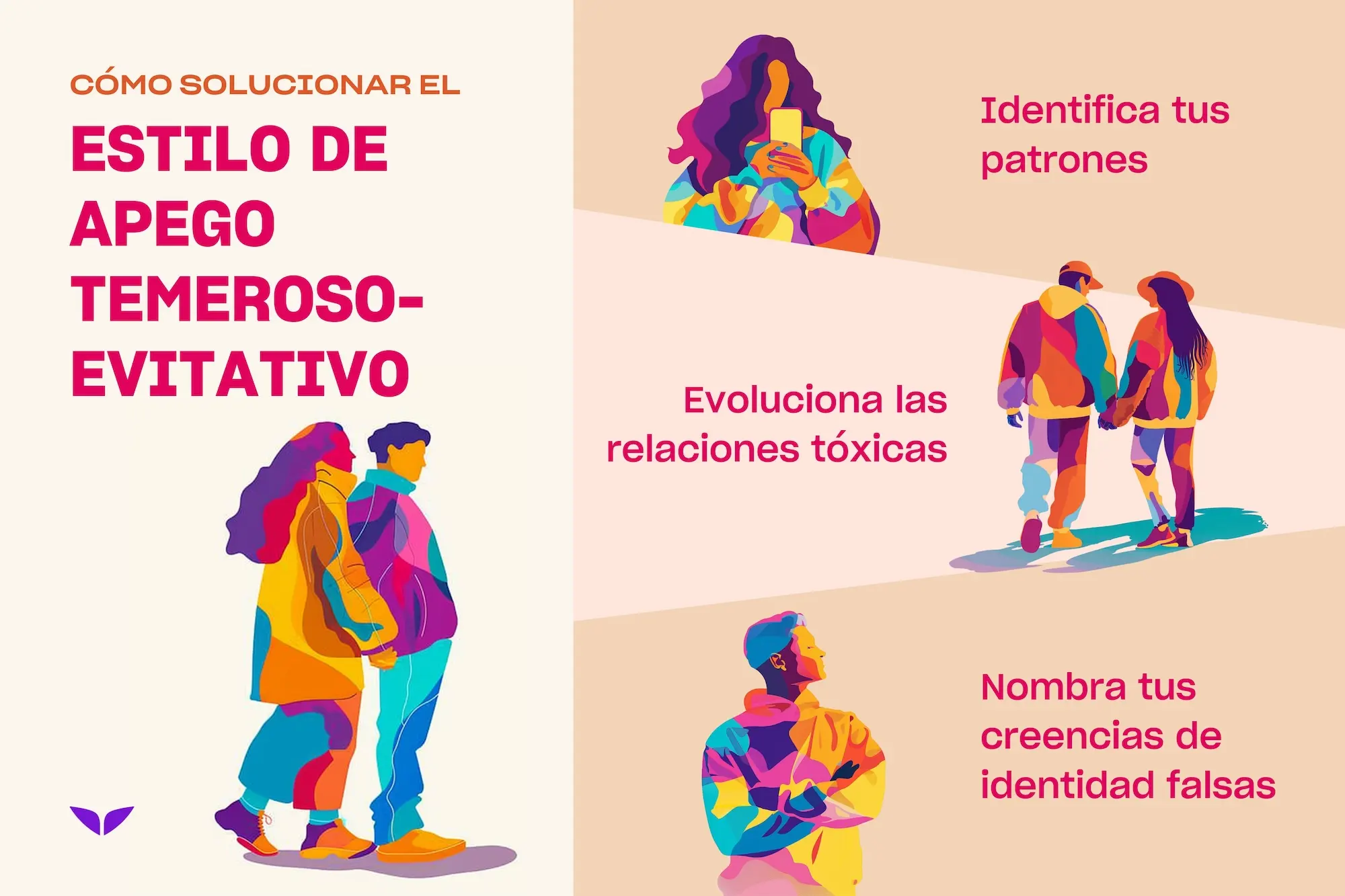 Cómo solucionar el estilo de apego temeroso-evitativo

1) Identifica tus patrones

2) Evoluciona las relaciones tóxicas

3) Nombra tus creencias de idenidad falsas