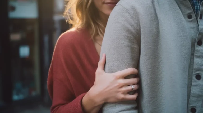 A woman with fearful-avoidant attachment holding a man's arm