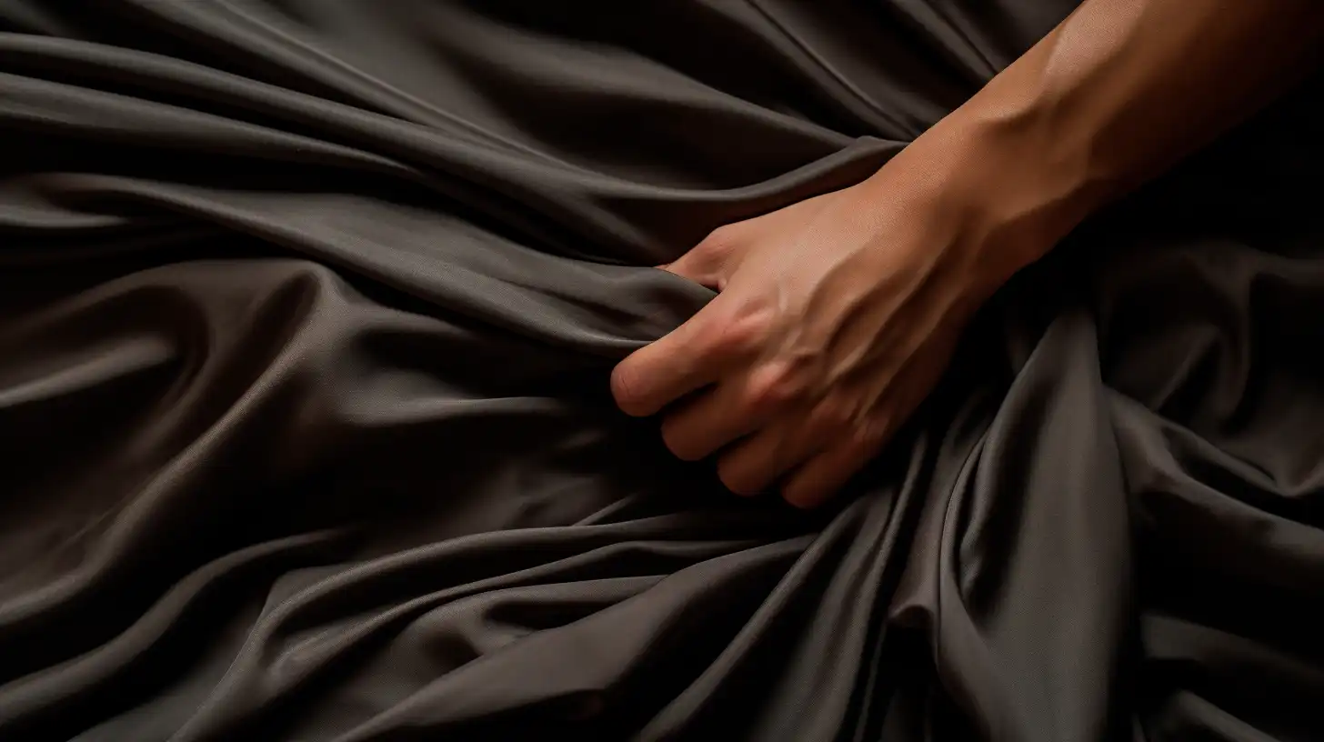 A hand grabbing black silk bedsheets during edging