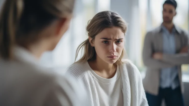 A sad girl with her parents fighting in the background